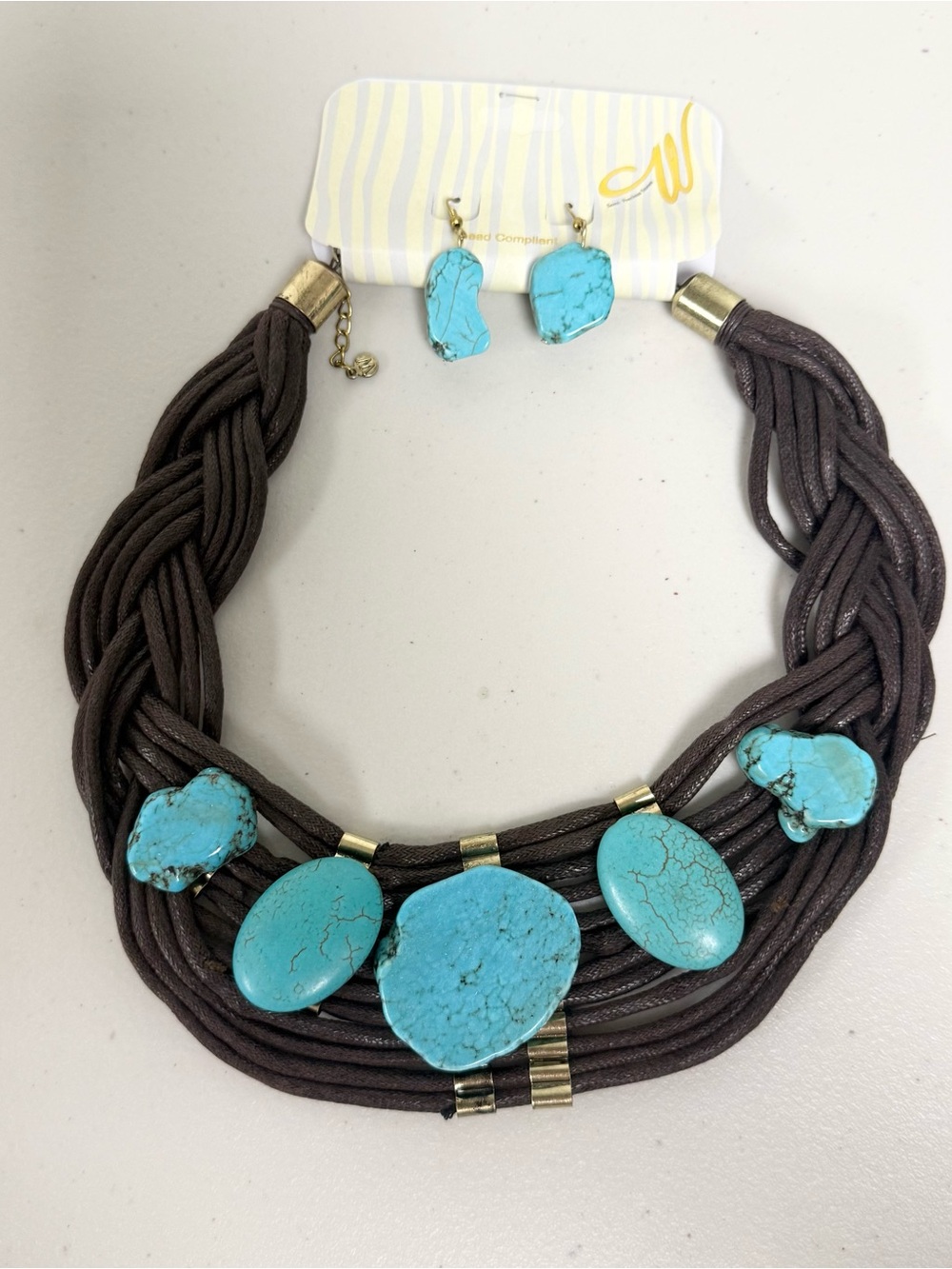 NEW Boutique Boho Brown Leather Multi-Strand Turquoise Stone Statement Necklace - Picture 3 of 6